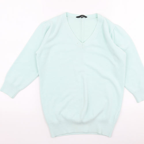 Janique Womens Blue V-Neck  Acrylic Pullover Jumper Size 16