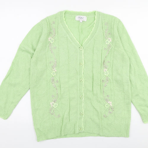 Reflect Womens Green V-Neck Floral Acrylic Cardigan Jumper Size L
