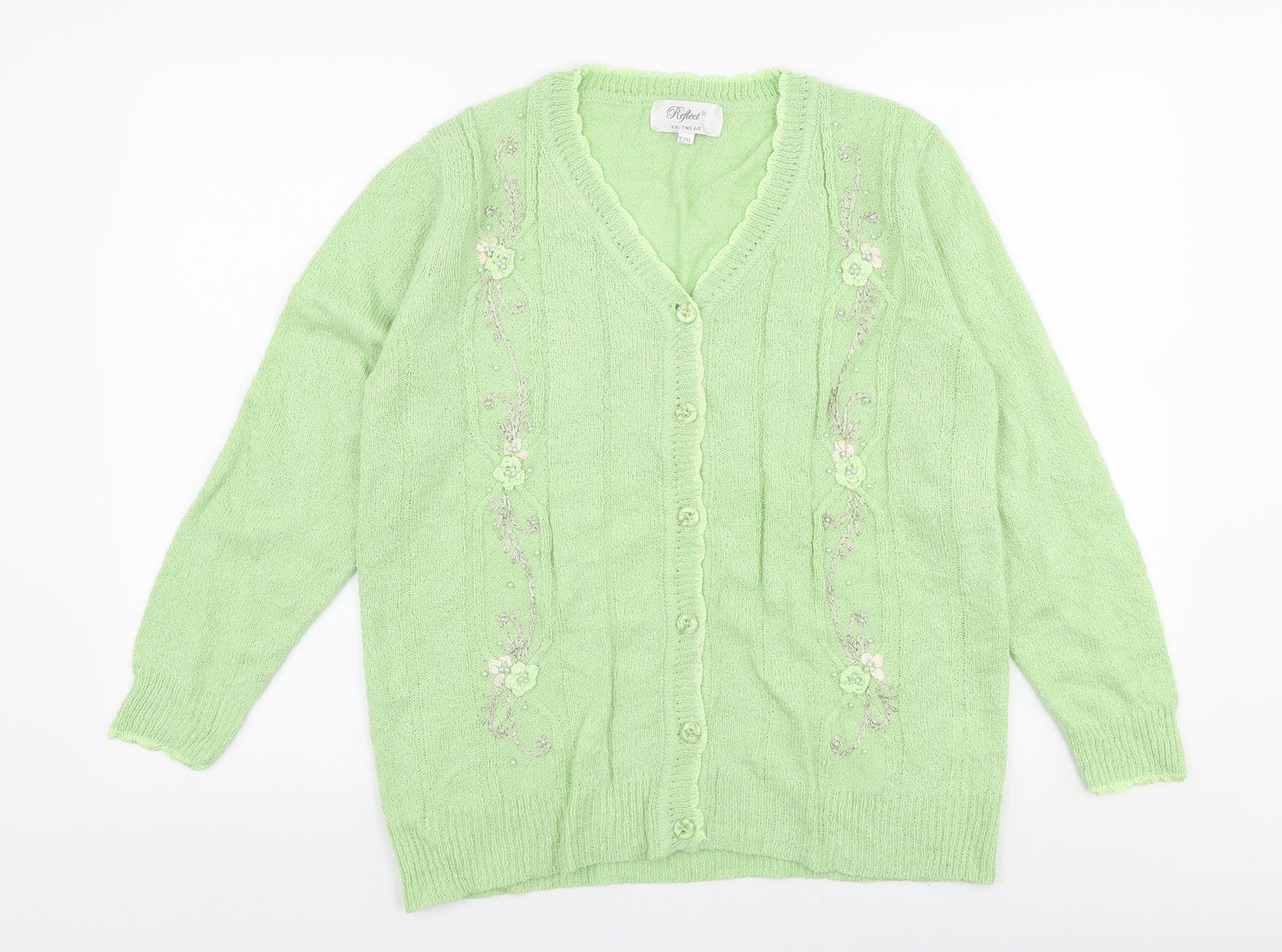 Reflect Womens Green V-Neck Floral Acrylic Cardigan Jumper Size L