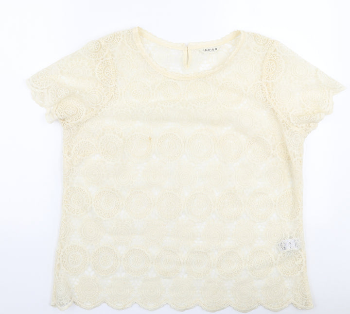 Indigo Womens Ivory Floral Polyamide Basic Blouse Size 16 Round Neck
