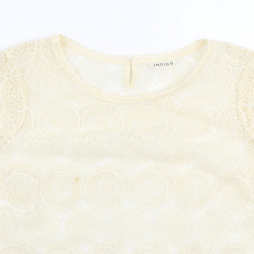 Indigo Womens Ivory Floral Polyamide Basic Blouse Size 16 Round Neck