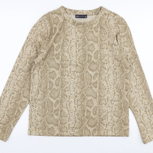 Marks and Spencer Womens Gold Round Neck Animal Print Polyester Pullover Jumper Size 14