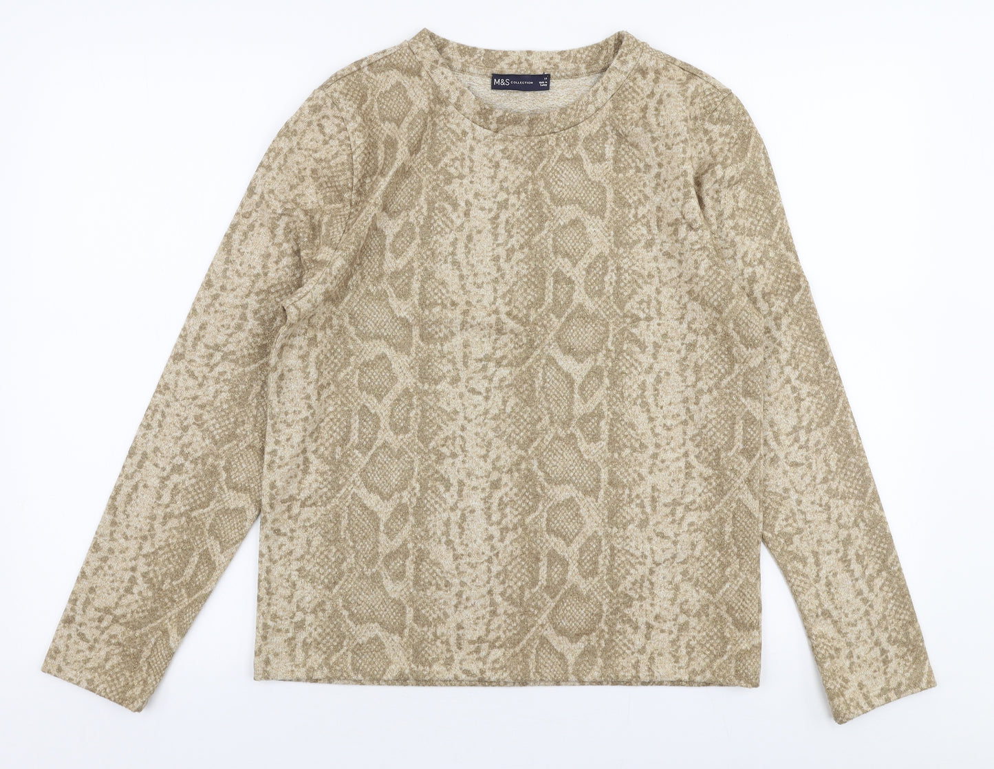 Marks and Spencer Womens Gold Round Neck Animal Print Polyester Pullover Jumper Size 14