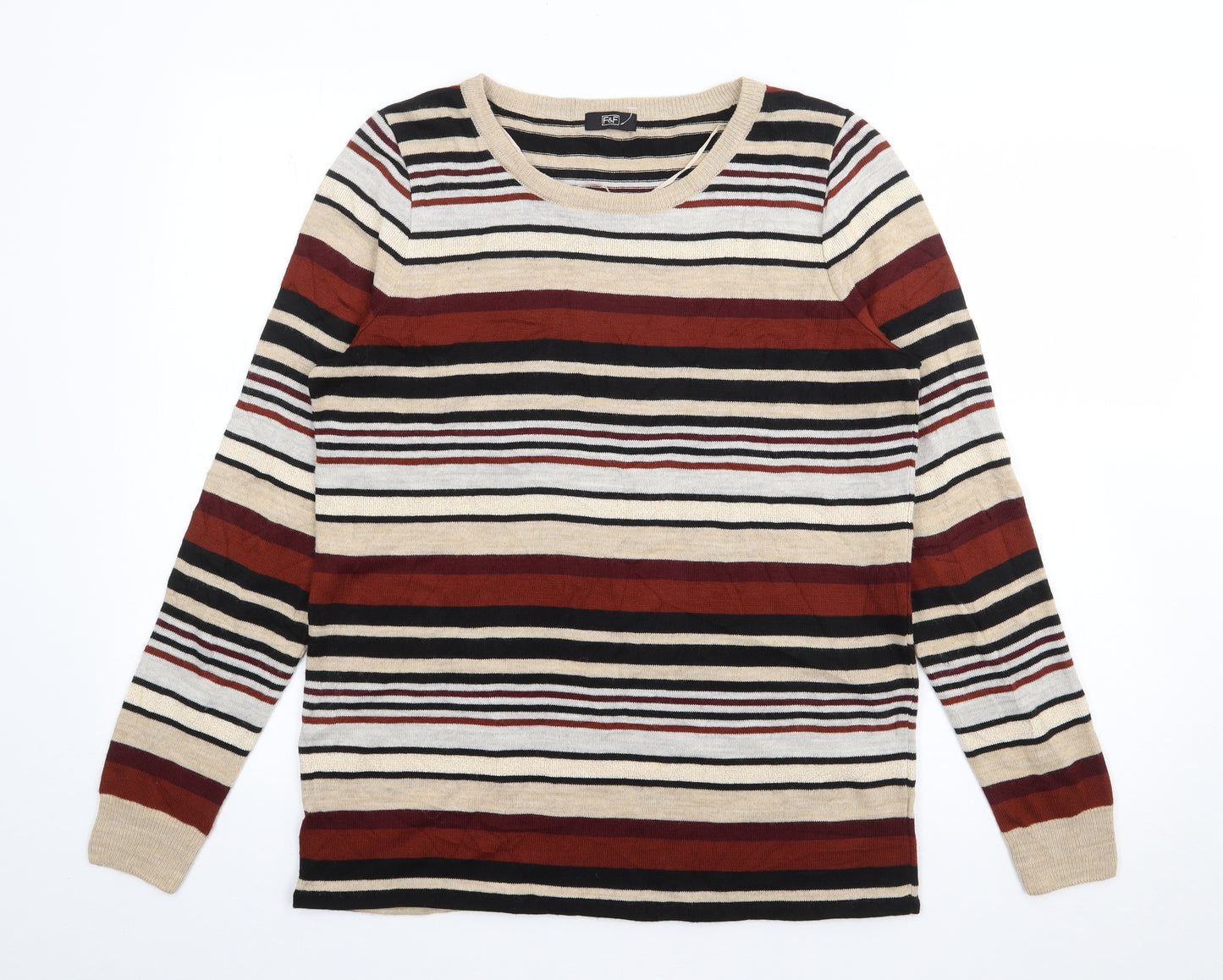 F&F Womens Gold Crew Neck Striped Acrylic Pullover Jumper Size M