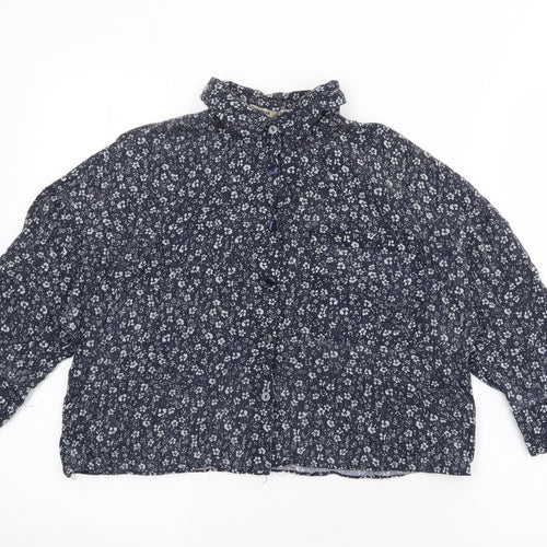 Pull & Bear Womens Blue Floral Viscose Cropped Blouse Size S Collared