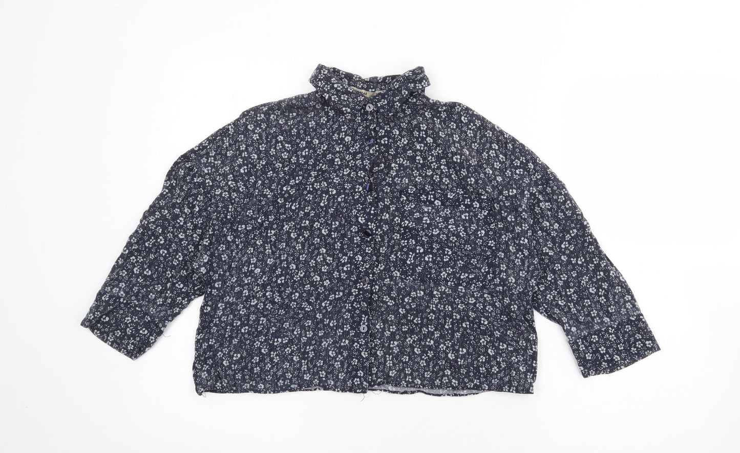 Pull & Bear Womens Blue Floral Viscose Cropped Blouse Size S Collared