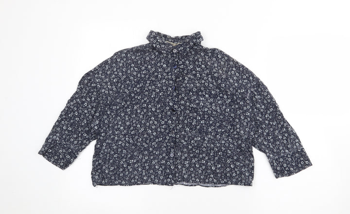 Pull & Bear Womens Blue Floral Viscose Cropped Blouse Size S Collared