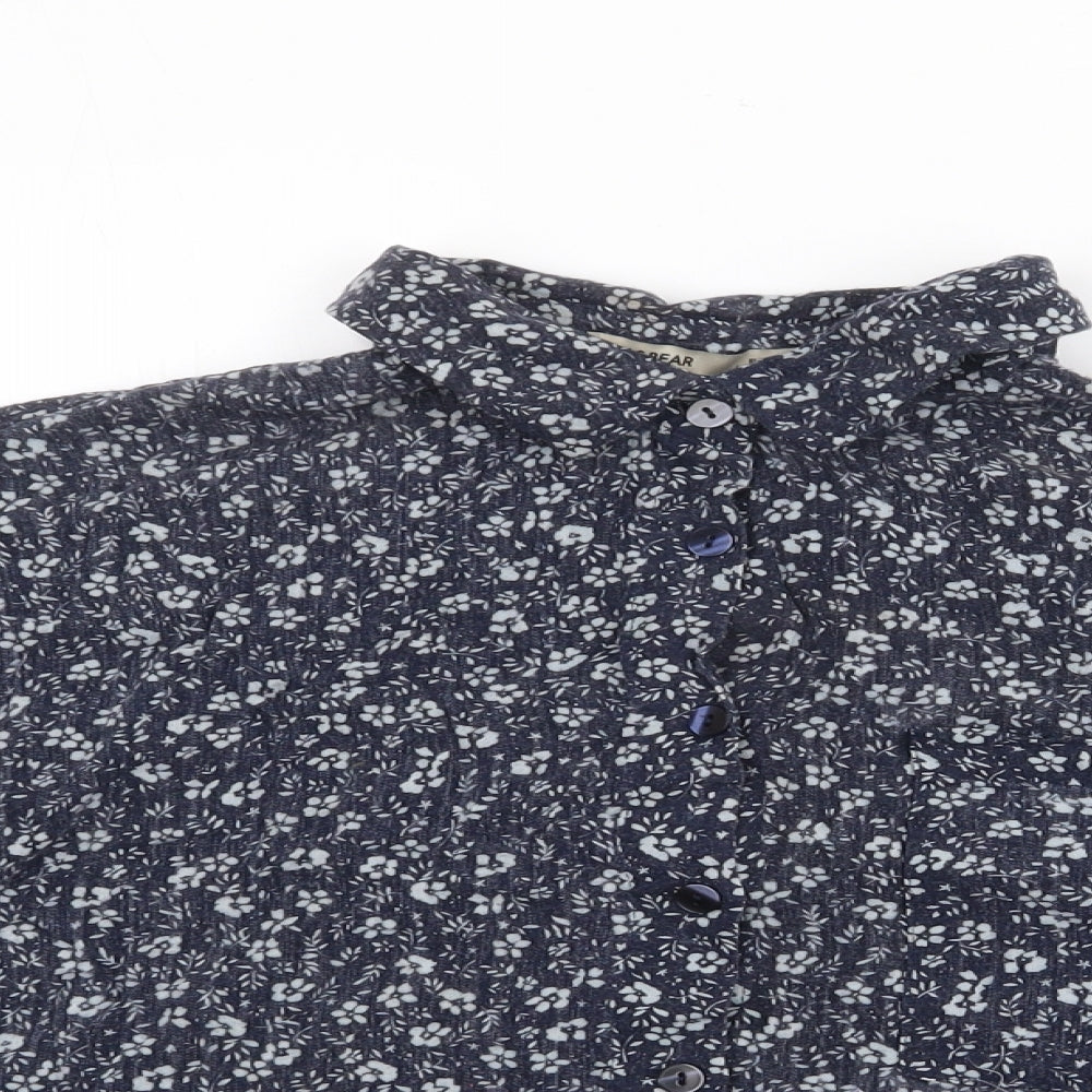 Pull & Bear Womens Blue Floral Viscose Cropped Blouse Size S Collared