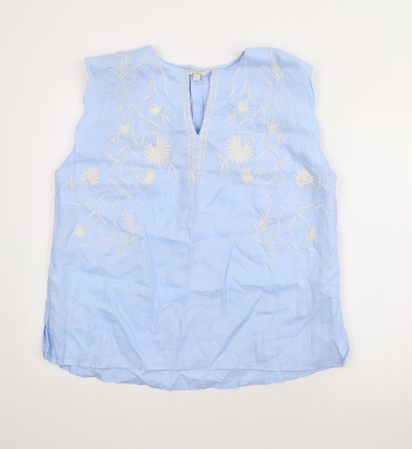 Monsoon Womens Blue  Linen Basic Tank Size L V-Neck