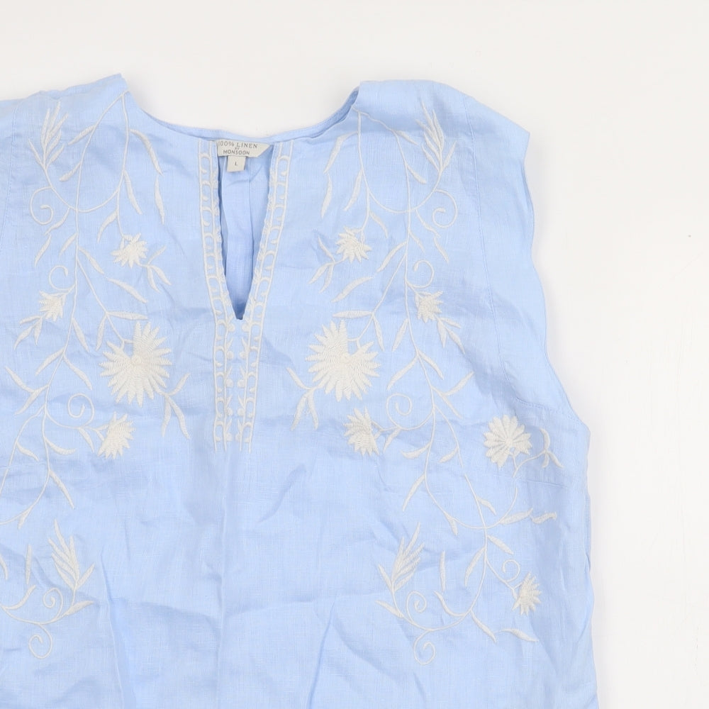 Monsoon Womens Blue  Linen Basic Tank Size L V-Neck
