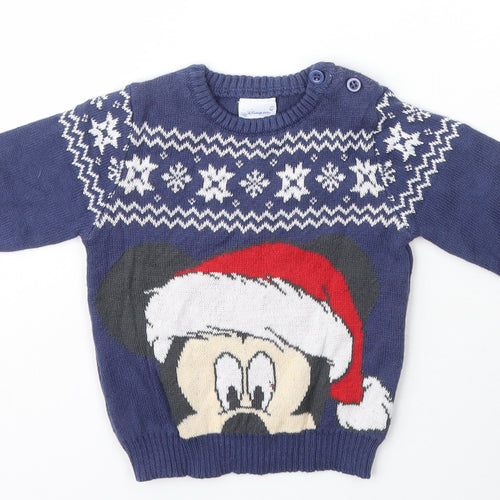 Disneyland Paris Boys Blue Fair Isle Cotton Pullover Jumper Size 6-9 Months   - Minnie Mouse