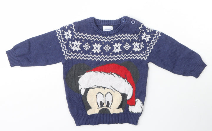 Disneyland Paris Boys Blue Fair Isle Cotton Pullover Jumper Size 6-9 Months - Minnie Mouse