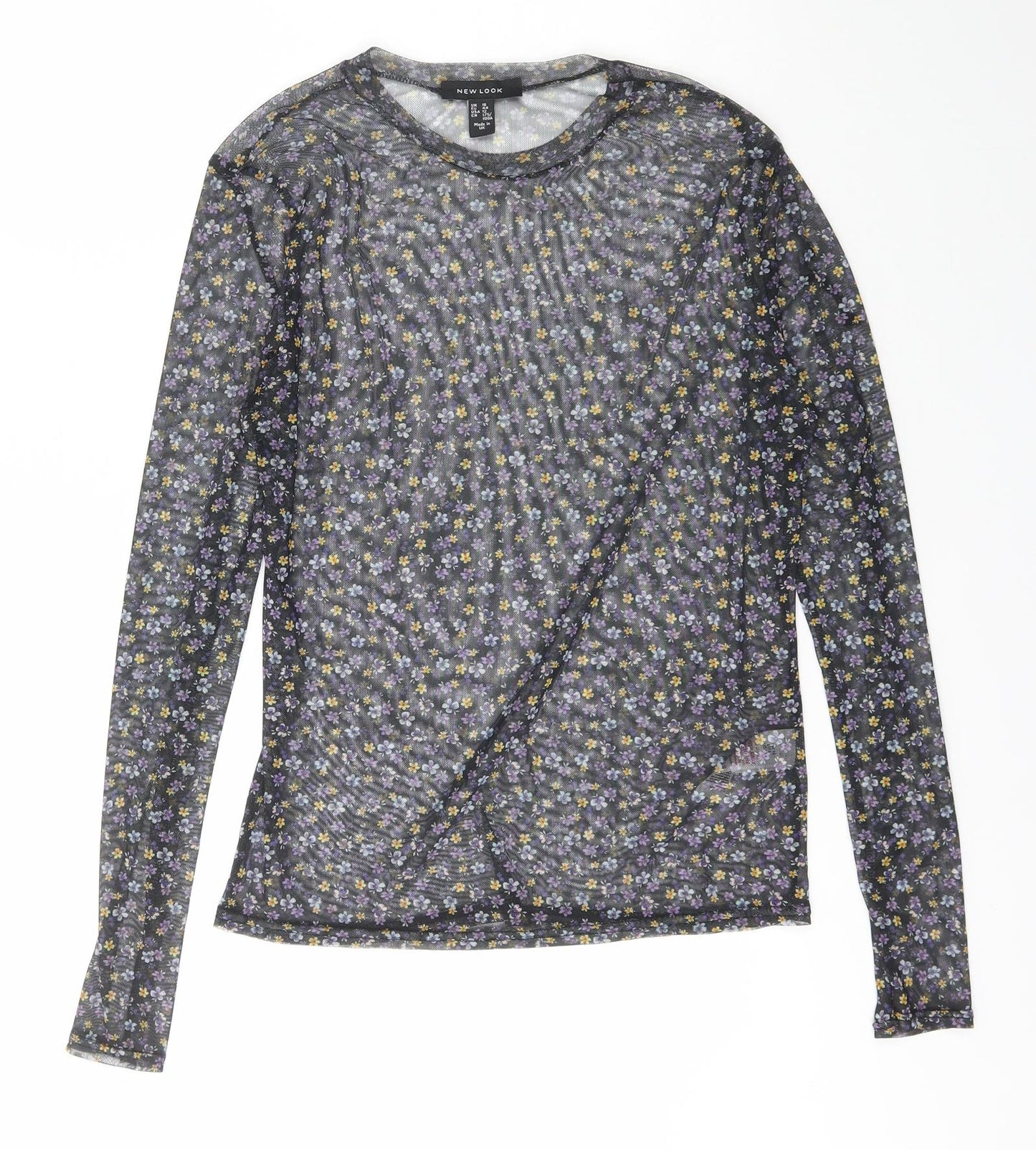 New Look Womens Black Floral Polyester Basic T-Shirt Size 16 Crew Neck