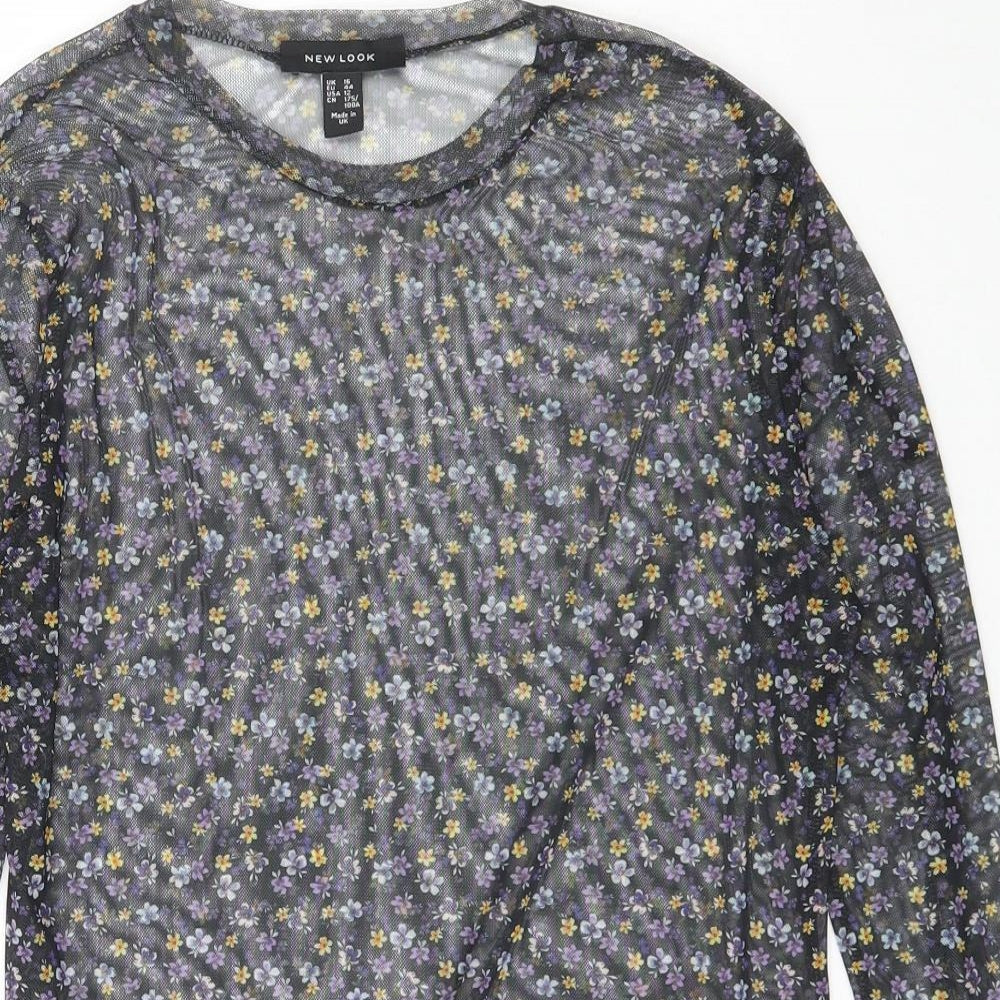 New Look Womens Black Floral Polyester Basic T-Shirt Size 16 Crew Neck