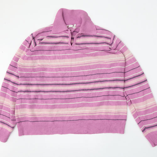 EWM Womens Pink Collared Striped Acrylic Pullover Jumper Size L