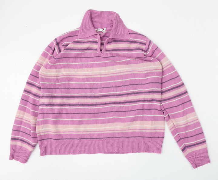 EWM Womens Pink Collared Striped Acrylic Pullover Jumper Size L