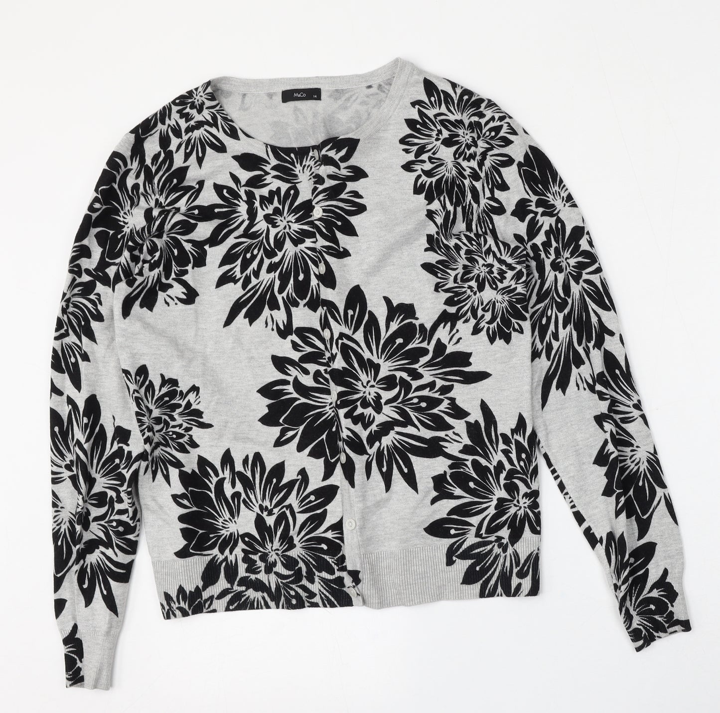 M&Co Womens Grey Round Neck Floral Viscose Cardigan Jumper Size 14