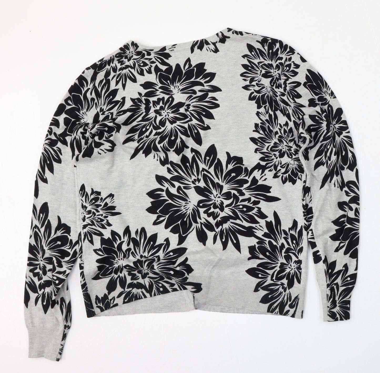 M&Co Womens Grey Round Neck Floral Viscose Cardigan Jumper Size 14