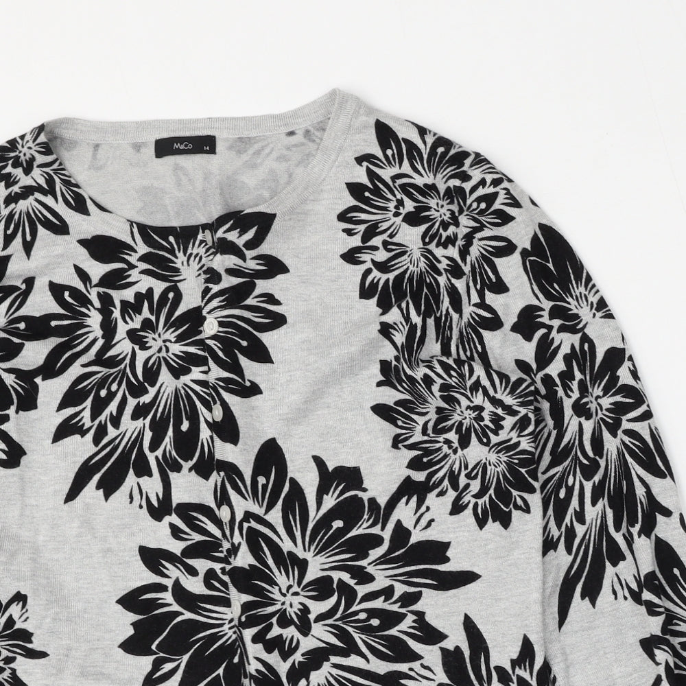 M&Co Womens Grey Round Neck Floral Viscose Cardigan Jumper Size 14