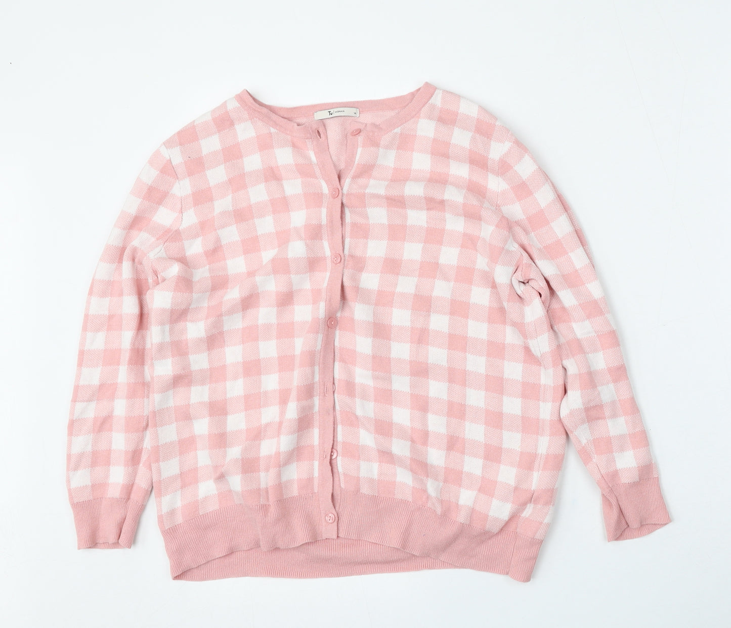 TU Womens Pink Round Neck Check Cotton Cardigan Jumper Size 14
