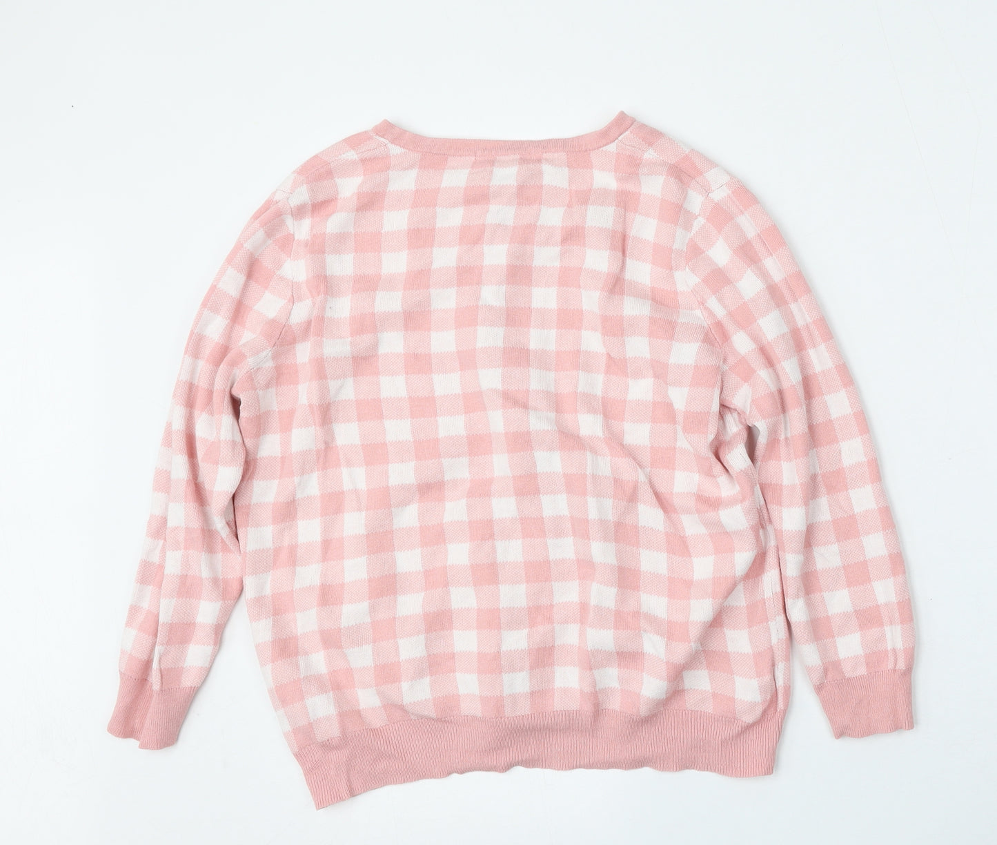 TU Womens Pink Round Neck Check Cotton Cardigan Jumper Size 14