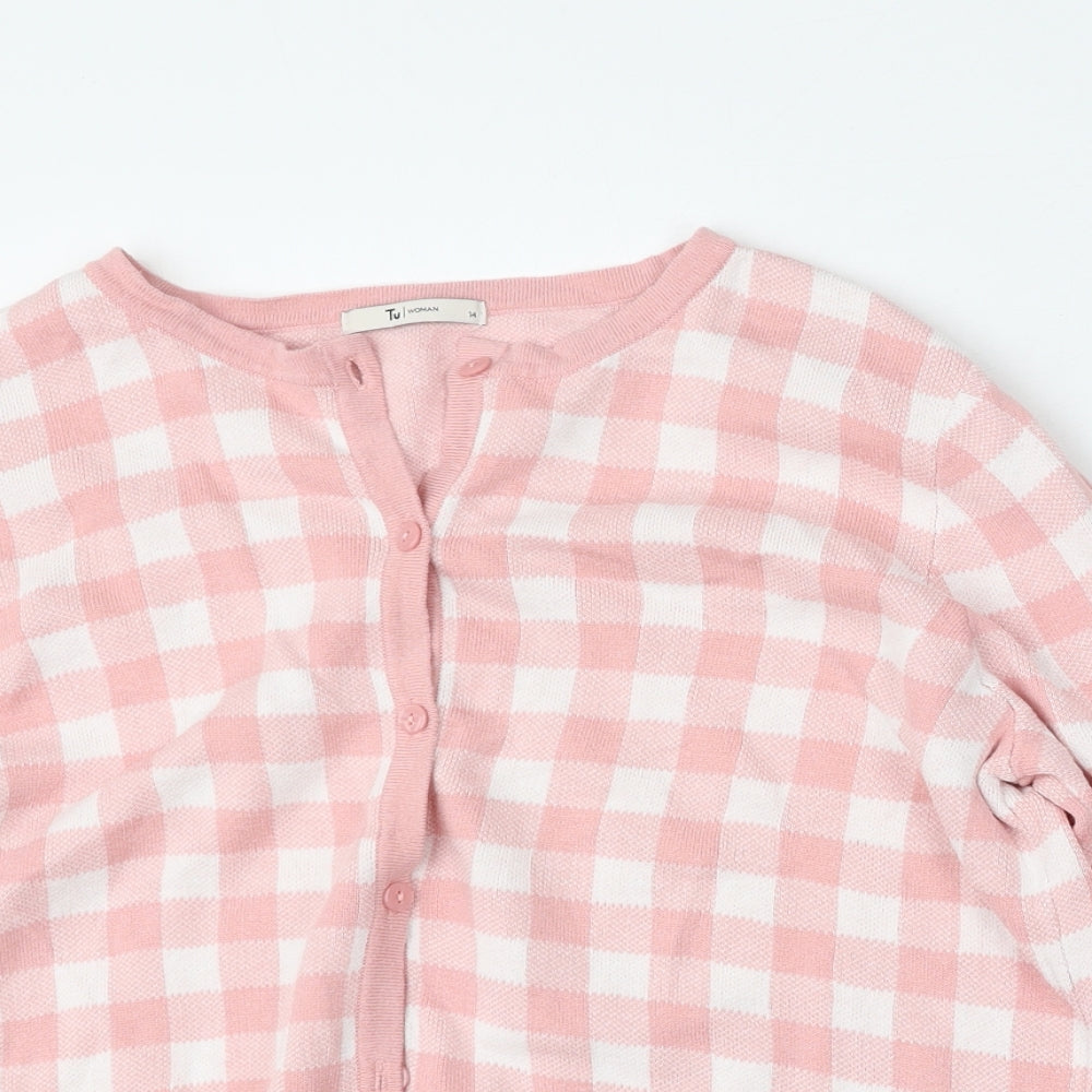 TU Womens Pink Round Neck Check Cotton Cardigan Jumper Size 14