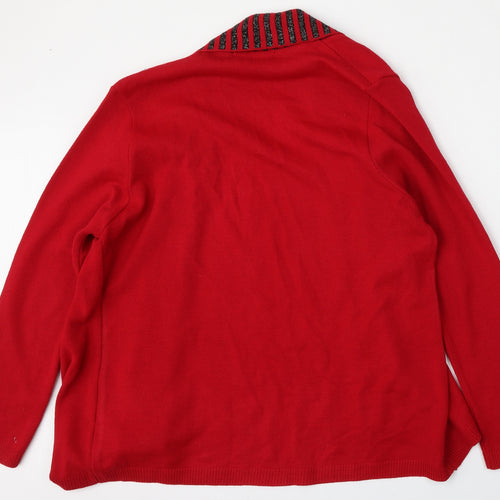 Classic Womens Red V-Neck  Polyester Cardigan Jumper Size L