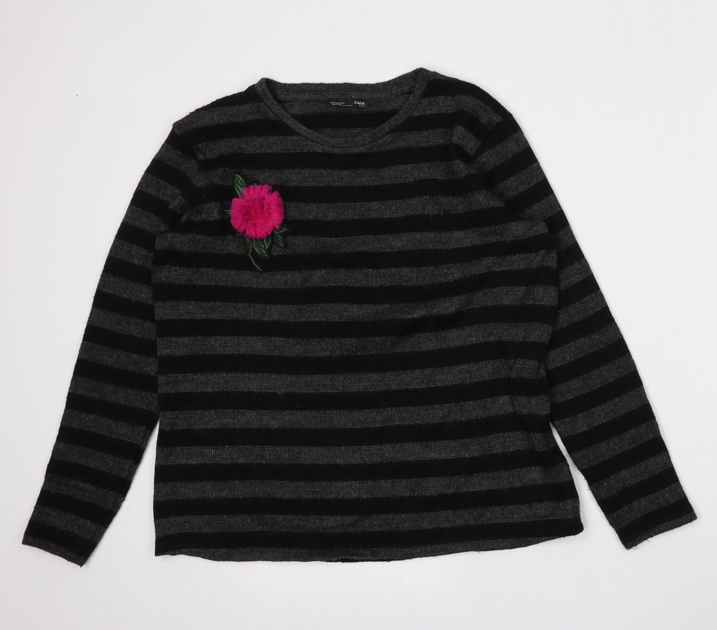Zara Womens Grey Round Neck Striped Polyester Pullover Jumper Size M