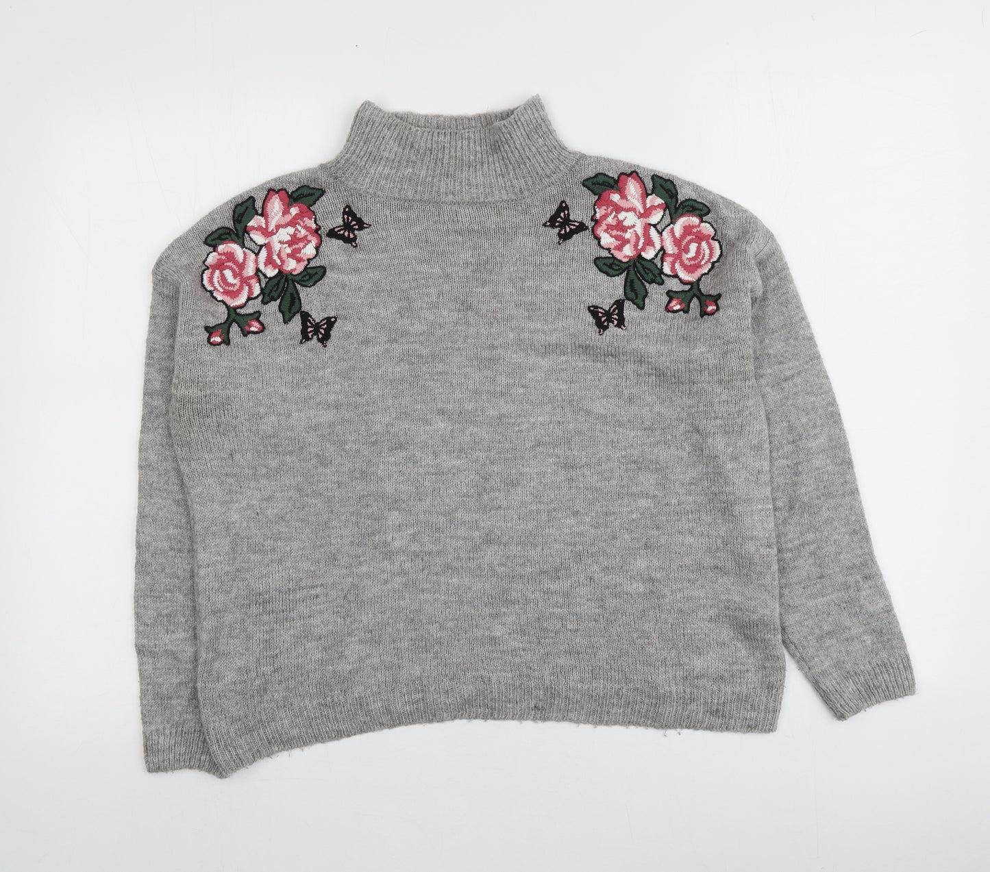 New Look Womens Grey Roll Neck Floral Acrylic Pullover Jumper Size S