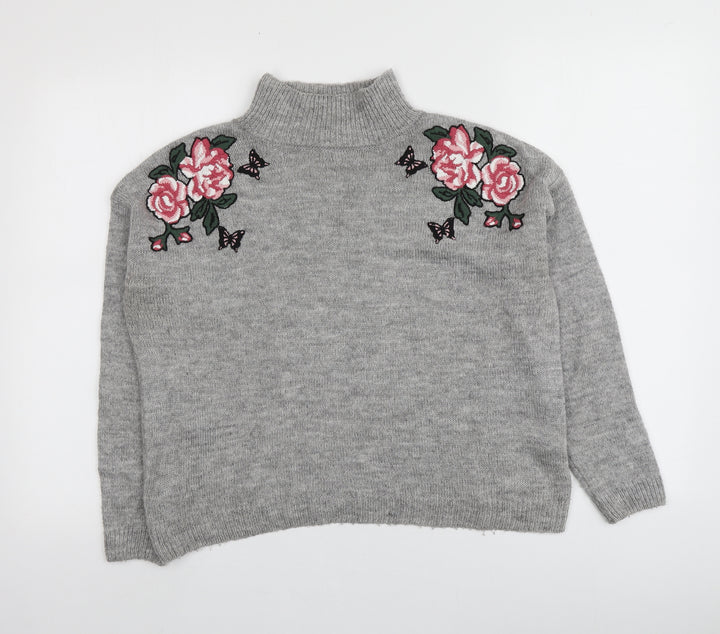 New Look Womens Grey Roll Neck Floral Acrylic Pullover Jumper Size S