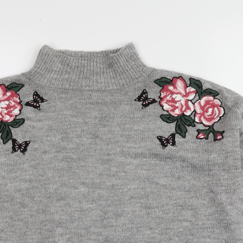 New Look Womens Grey Roll Neck Floral Acrylic Pullover Jumper Size S
