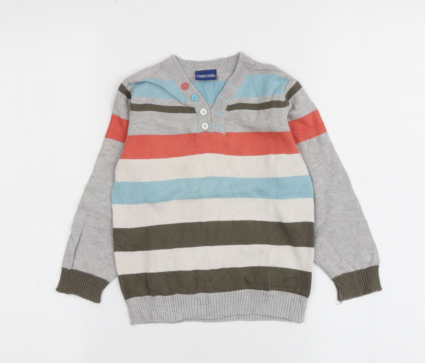 Cherokee Boys Multicoloured V-Neck Striped 100% Cotton Pullover Jumper Size 3-4 Years