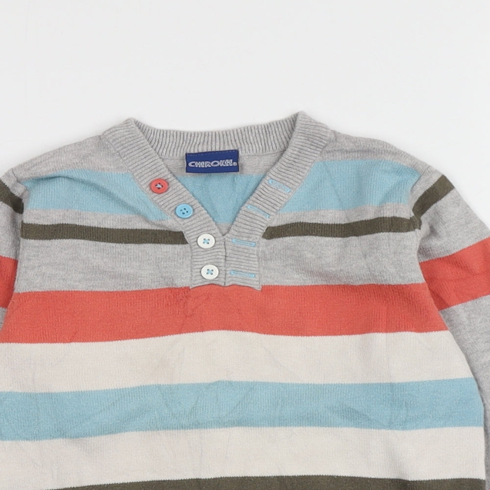 Cherokee Boys Multicoloured V-Neck Striped 100% Cotton Pullover Jumper Size 3-4 Years