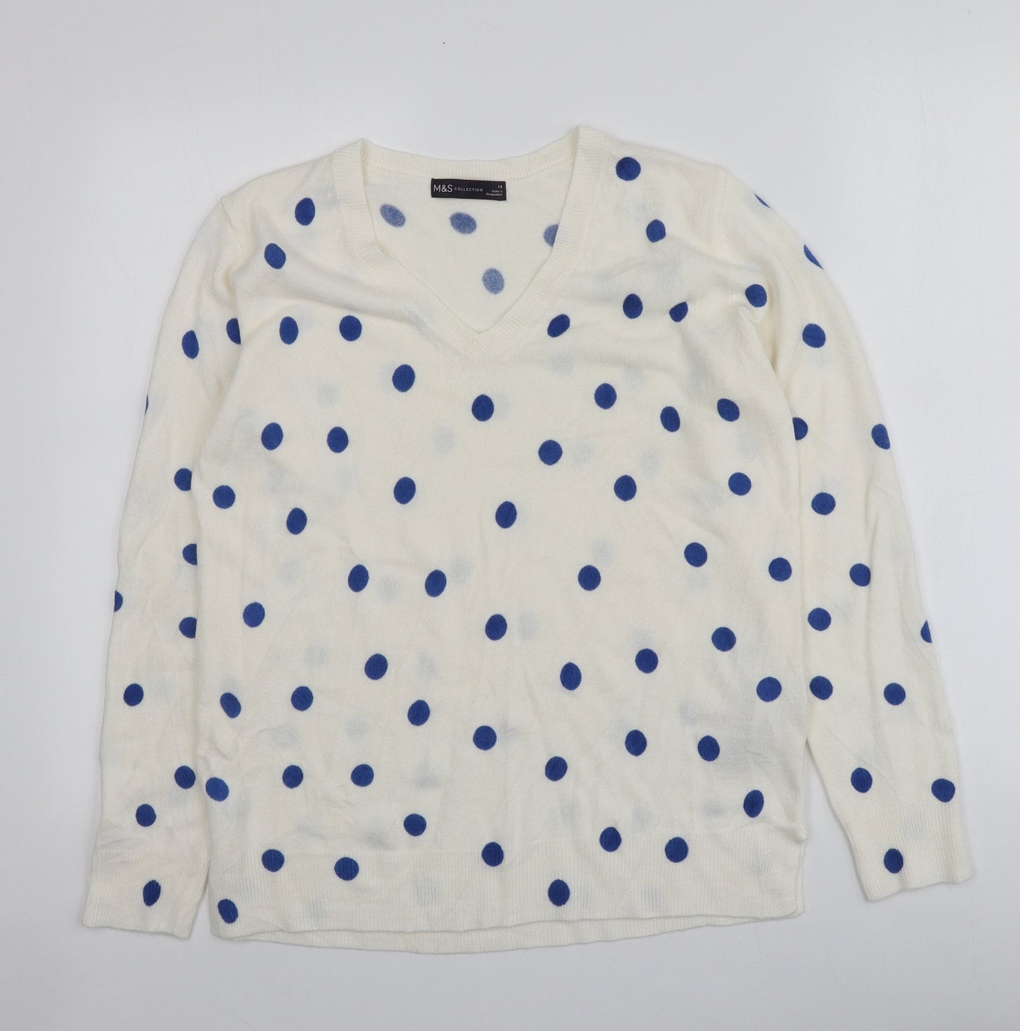 M&S Womens Ivory V-Neck Polka Dot Acrylic Pullover Jumper Size 14