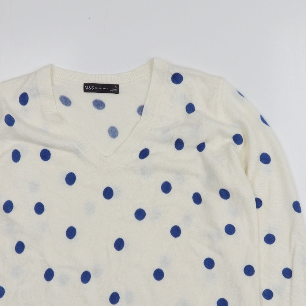 M&S Womens Ivory V-Neck Polka Dot Acrylic Pullover Jumper Size 14