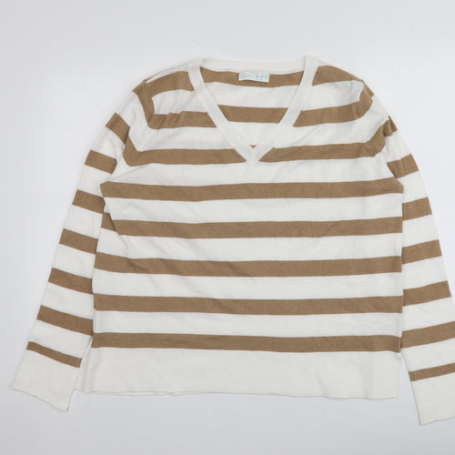 Primark Womens Beige V-Neck Striped Polyester Pullover Jumper Size 12