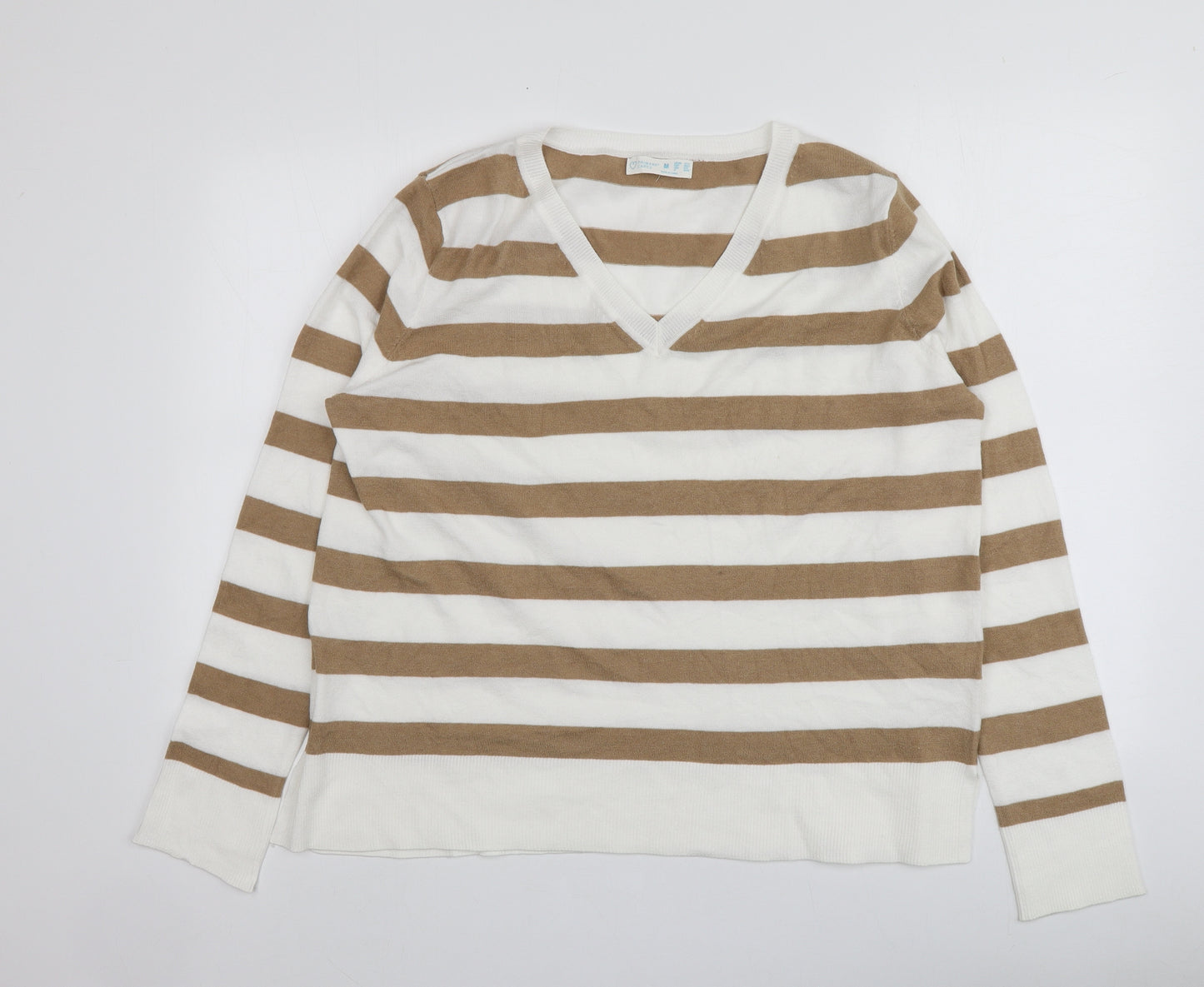 Primark Womens Beige V-Neck Striped Polyester Pullover Jumper Size 12