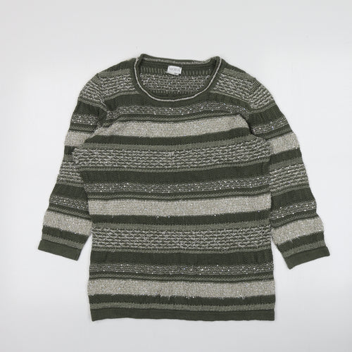 MONA Womens Green Round Neck Striped Cotton Pullover Jumper Size 14