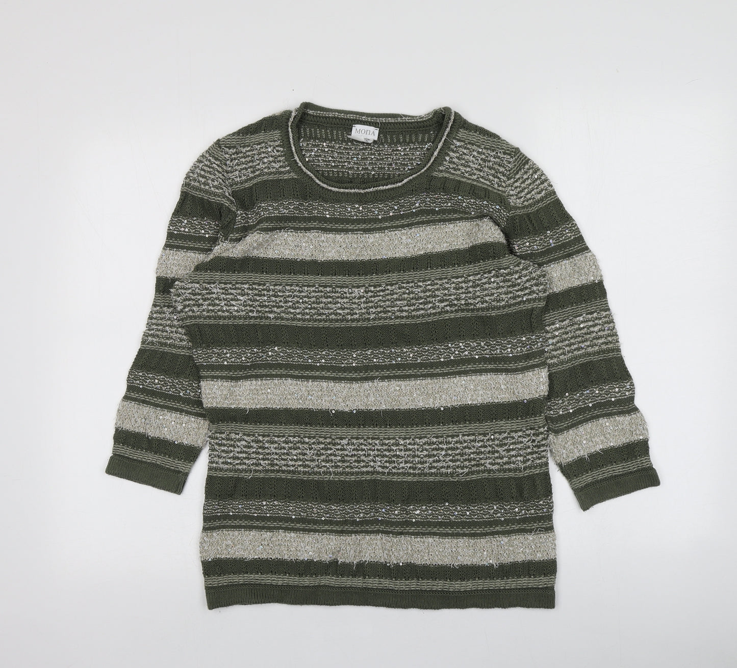 MONA Womens Green Round Neck Striped Cotton Pullover Jumper Size 14