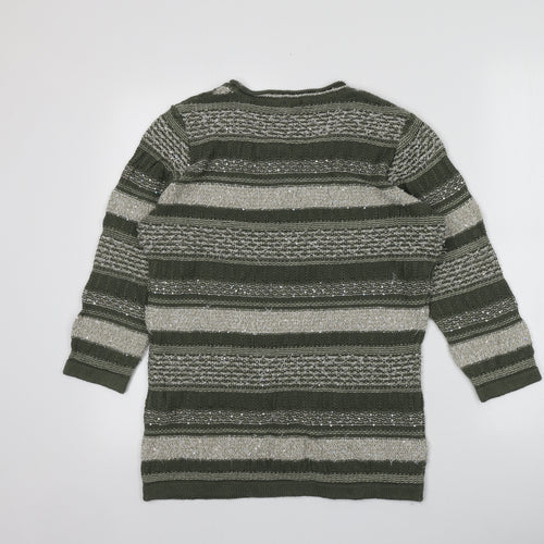 MONA Womens Green Round Neck Striped Cotton Pullover Jumper Size 14