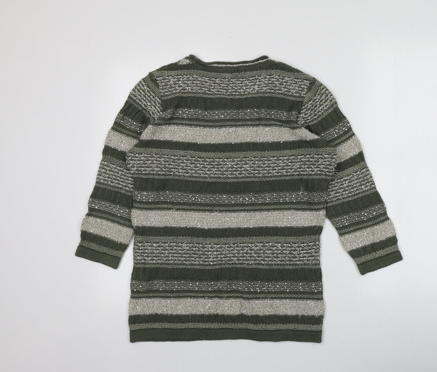 MONA Womens Green Round Neck Striped Cotton Pullover Jumper Size 14