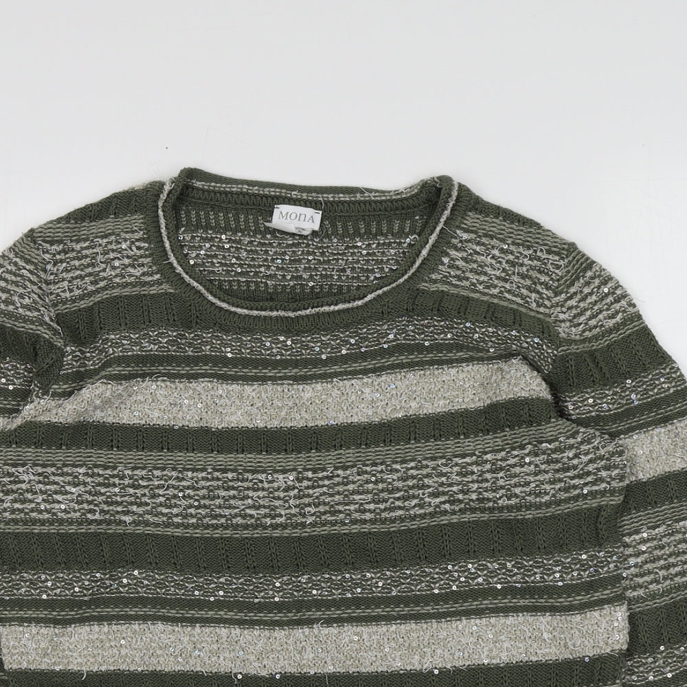 MONA Womens Green Round Neck Striped Cotton Pullover Jumper Size 14