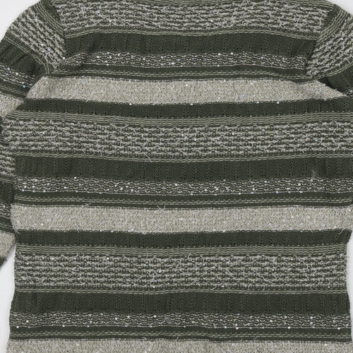 MONA Womens Green Round Neck Striped Cotton Pullover Jumper Size 14