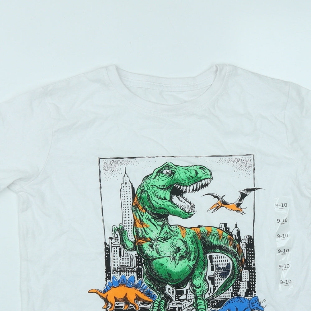 Dunnes  Boys White  Cotton Basic Casual Size 9-10 Years Round Neck  - Dinasour Print