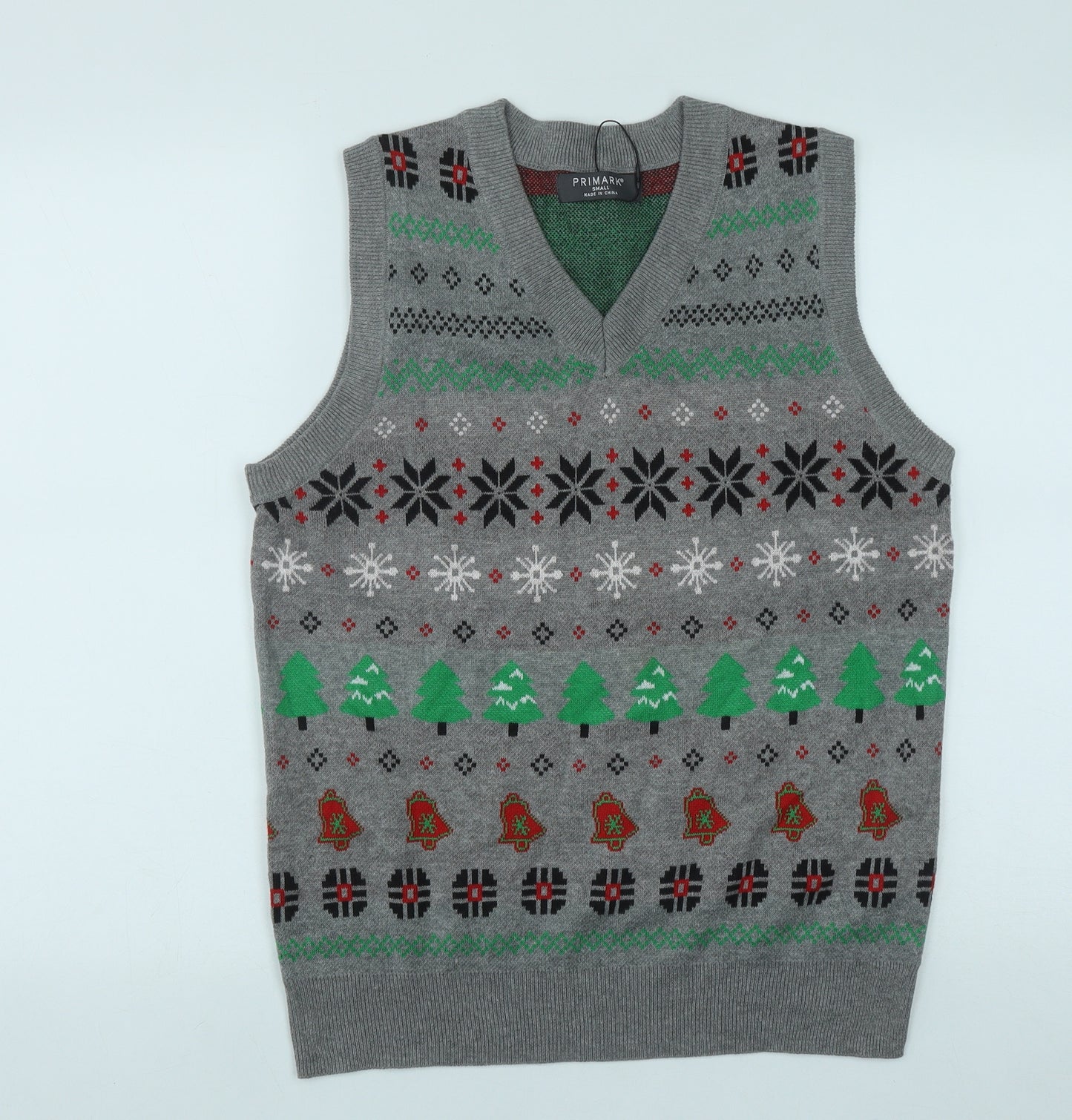 Primark Mens Grey V-Neck Geometric Polyester Vest Jumper Size S   - Christmas Vest