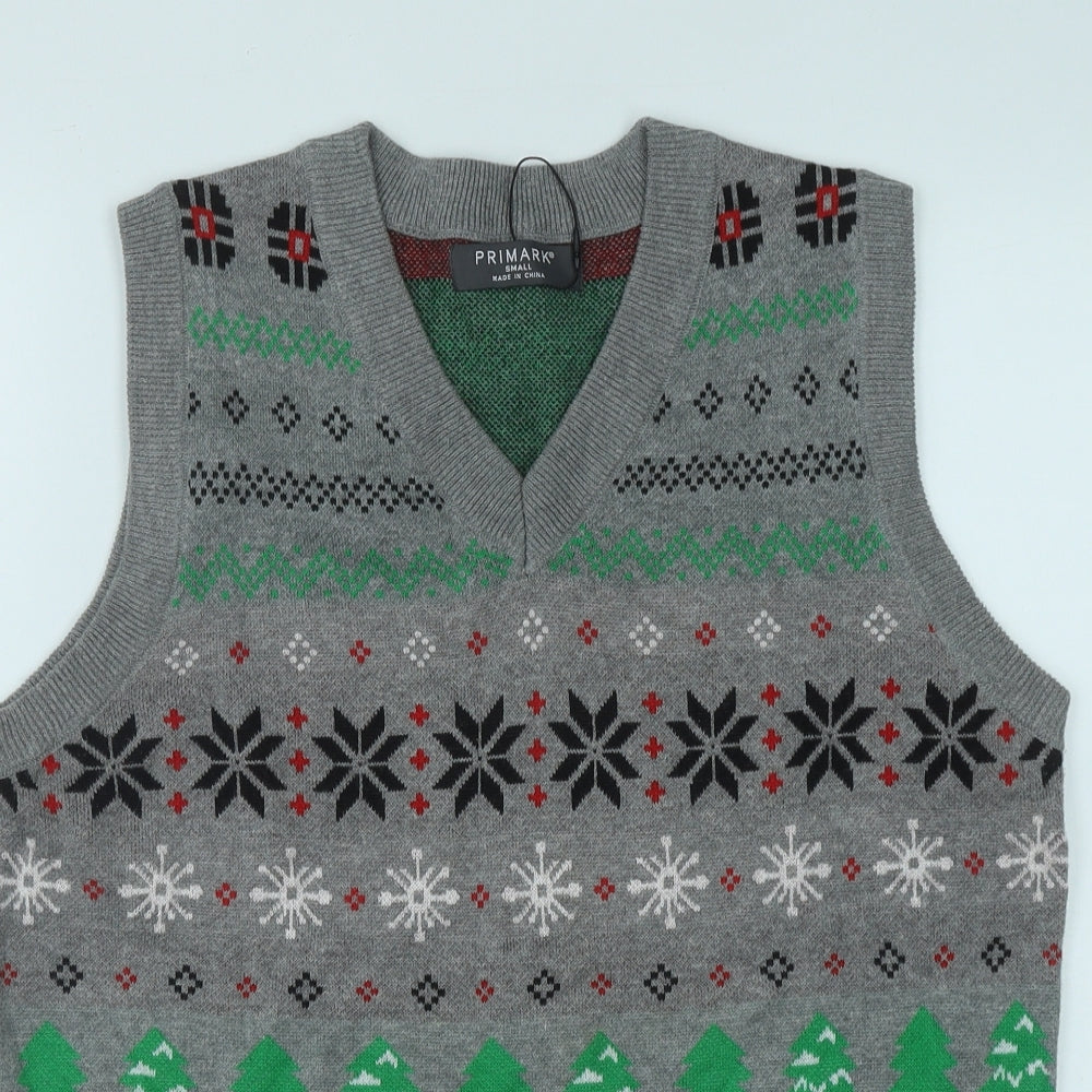 Primark Mens Grey V-Neck Geometric Polyester Vest Jumper Size S   - Christmas Vest