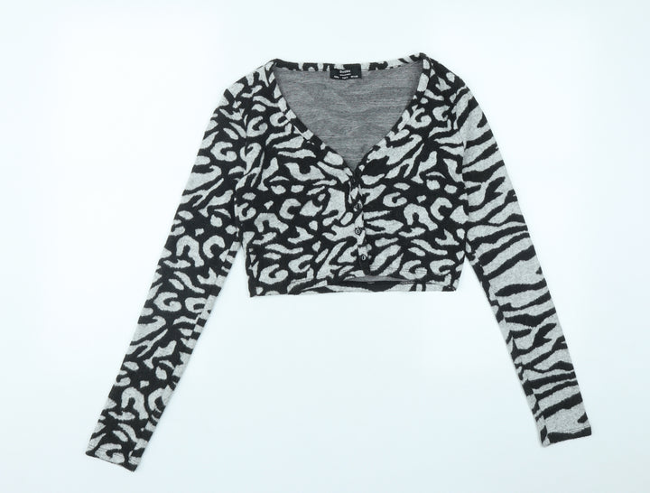 Bershka Womens Black V-Neck Geometric Polyester Cardigan Jumper Size S