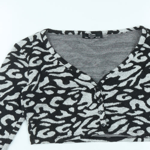 Bershka Womens Black V-Neck Geometric Polyester Cardigan Jumper Size S