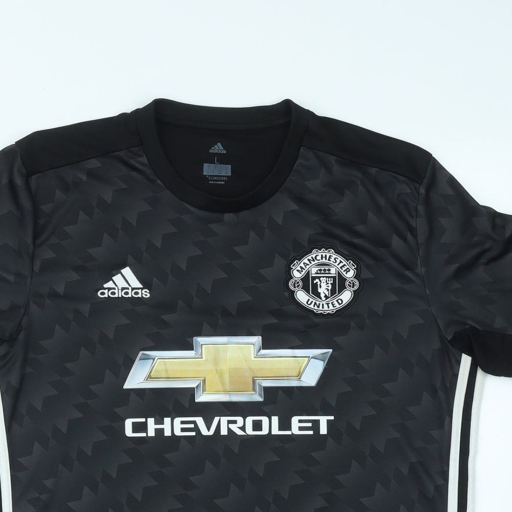 adidas Mens Black Geometric Polyester Basic T-Shirt Size L Round Neck  - Manchester United