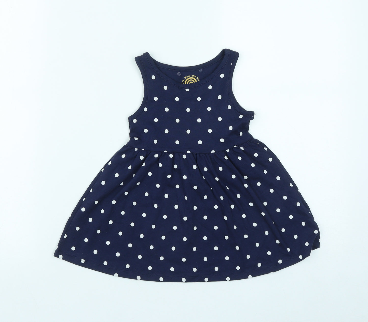 F&F Girls Blue Polka Dot Cotton Fit & Flare  Size 12-18 Months  Round Neck